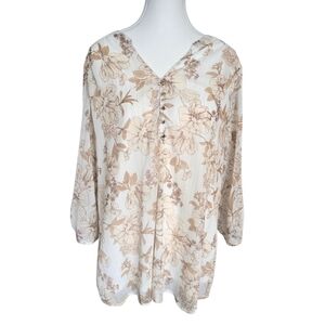Sara Michelle Elegant Neutral Floral Print Blouse With Gold Accents Size 1X